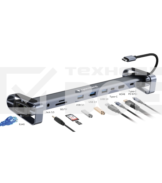 Док-станция Type-C Gembird UHB-D5, 10в1: 3xUSB3.1, Type-C PD87W, Jack 3.5, SD/TF, HDMI, RJ45, Type-C, кабель 14см, алюминий