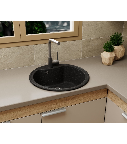 Мойка для кухни BAU Dream Black stone D 51, выпуск с сифоном в комплекте, черный камень