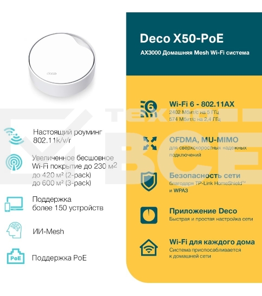 Бесшовный Mesh роутер TP-Link Deco X50-PoE(1-pack) AX3000 1000/2500BASE-T белый