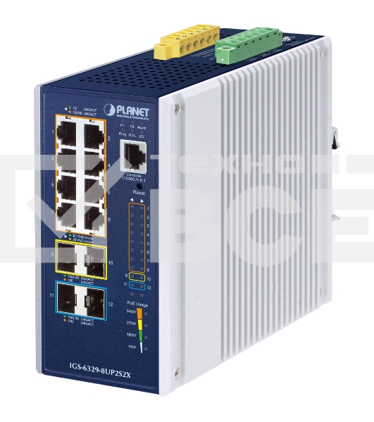 Коммутатор PLANET IGS-6329-8UP2S2X IP30 DIN-rail Industrial L3 8-Port 10/100/1000T 802.3bt PoE + 2-port 1G/2.5G SFP + 2-Port 10G SFP+ Full Managed Switch (-40 to 75 C, 8-port 95W PoE++, 802.3bt/PoH/Force modes, DIDO, ERPS Ring, 1588 PTP TC, Modbus TCP, ON