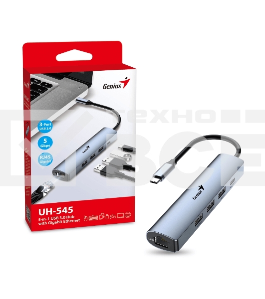 Концентратор USB HUB UH-545 USB3.0 с Ethernet RJ45, гигабитным Ethernet RJ45 x 1, портом питания USB-C (5 В 3 А) x 1, портами передачи данных USB-A 3.0 x 3