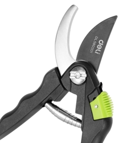 Секатор садовый Deli DL580207 цельнокованный, лезвия с тефлоновым покрытием, длина 215мм, макс. диаметр резки 12мм, сталь SK5