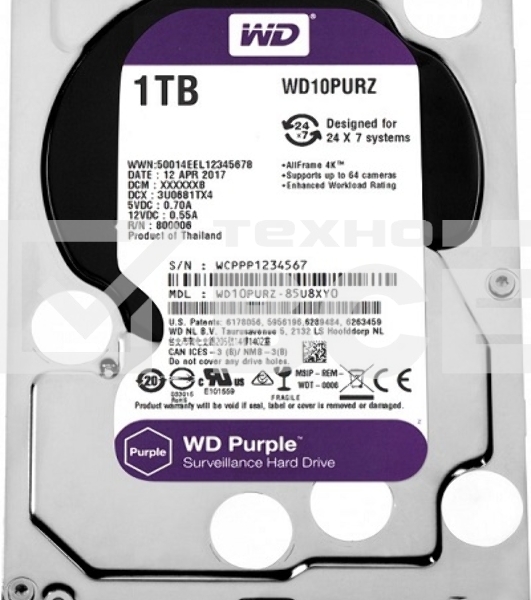 Жесткий диск Western Digital 1Tb WD10PURZ Purple, SATA III <5400rpm, 64Mb> 3.5