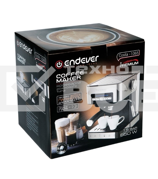 Кофеварка рожковая Endever Costa-1065 серебристый, исп. кофе - молотый, 1.6 л, 1000 Вт, 20 бар.