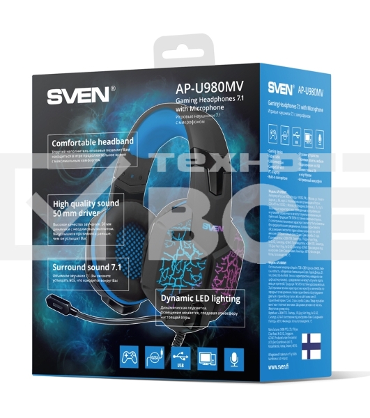 Гарнитура SVEN AP-U980MV, черный-синий (USB, LED, 7.1, 2.2m)