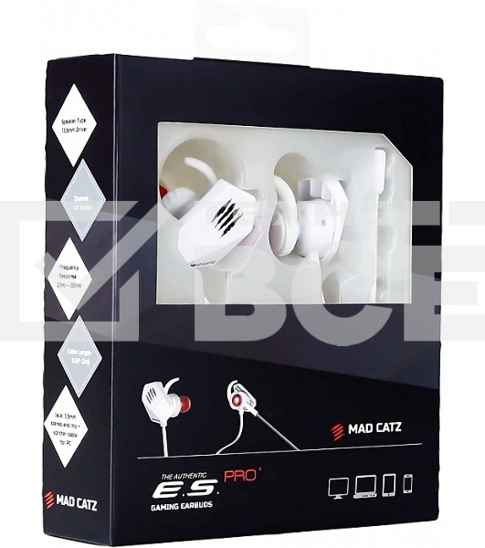 Игровые мобильные наушники белые Mad Catz E.S. PRO+ (3.5 мм jack, 13.5 мм неодимовые магниты, 32 Ом, 20 ~ 20000 Гц, микрофон)