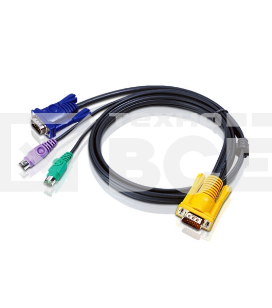Шнур, мон+клав+мышь PS/2, SPHD15=>HD DB15+2x6MINI-DIN ATEN (2L-5202P) Male-3xMale, 8+6+6 проводов, опрессованный, 1.8 метр., черный