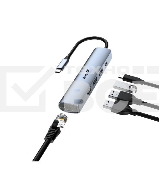 Концентратор USB HUB UH-545 USB3.0 с Ethernet RJ45, гигабитным Ethernet RJ45 x 1, портом питания USB-C (5 В 3 А) x 1, портами передачи данных USB-A 3.0 x 3