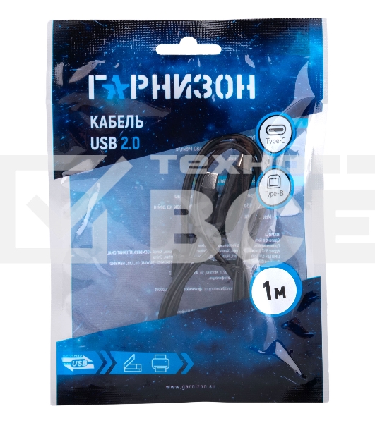 Кабель USB2.0 Гарнизон GCC-USB2-CMBM-1M, Type-C/BM, медь, 1м, черный, пакет
