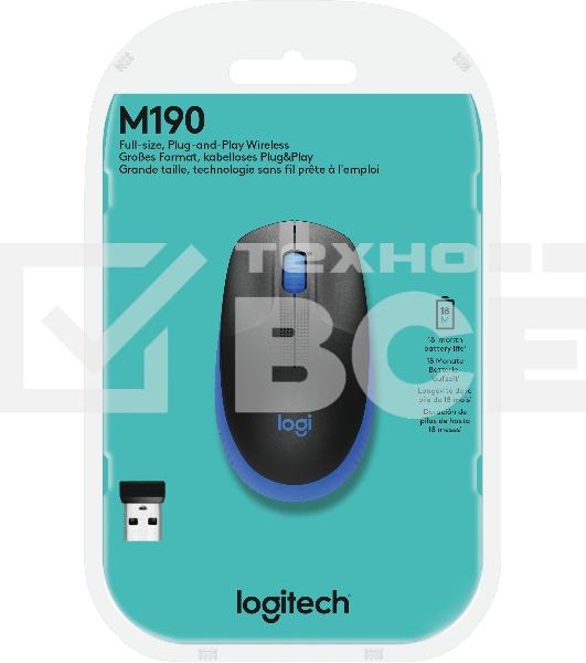 Мышь беспроводная Logitech M190 черный/синий, 1000 dpi, радиоканал, USB, кнопки - 3