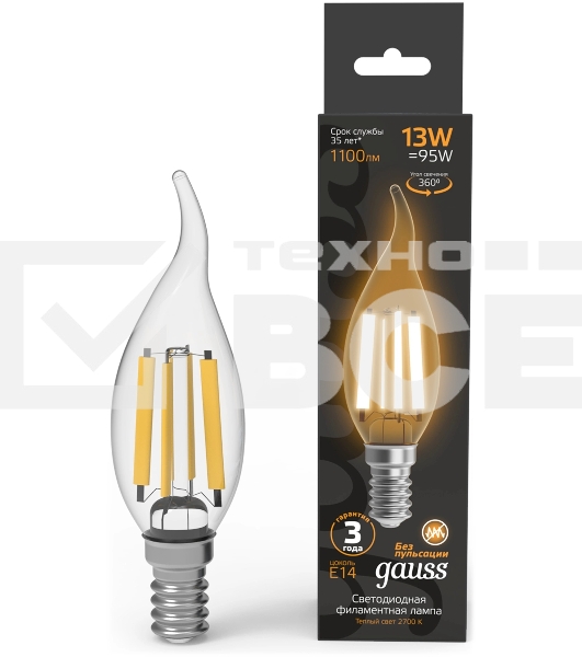 Лампа филам. Gauss Filament 13Вт цок.:E14 свеча св.свеч.бел.теп. (упак.:10шт) (104801113)