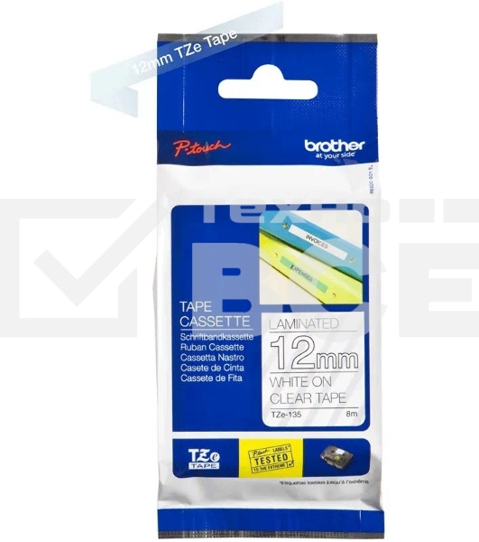Картридж Brother TZ-E135 12 мм, белый шрифт, прозрачный фон, для BROTHER P-Touch