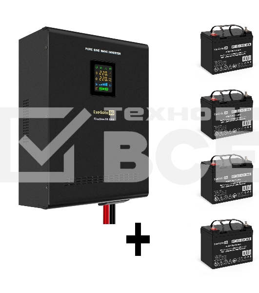 Комплект ИБП EX296004RUS + батарея 33Aч EX282974RUS 4шт (инвертор, синус, для котла, настенный) ExeGate FineSine SX-5000.LCD.AVR.2SH.T <5000VA/3500W, чистая синусоида, цветной LCD-дисплей, AVR, 2*Schuko+клеммы, линейно-интерактивный, крепление настенное, 