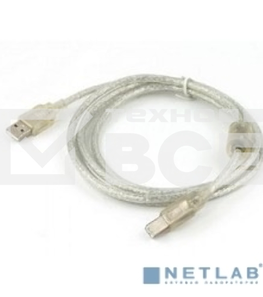 Кабель Cablexpert USB 2.0 Pro, AM/BM, 0,75м, экран, 2 феррит.кольца, прозрачный (CCF-USB2-AMBM-TR-0.75M)