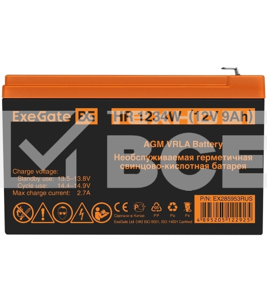 Батарея ExeGate EX285953RUS HR1234W (12V 9Ah, клеммы F2)