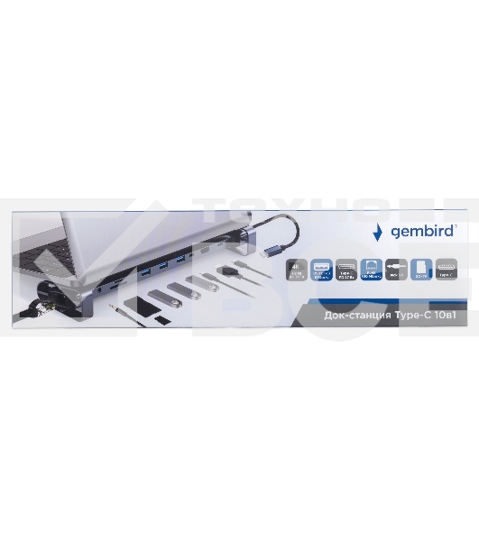 Док-станция Type-C Gembird UHB-D5, 10в1: 3xUSB3.1, Type-C PD87W, Jack 3.5, SD/TF, HDMI, RJ45, Type-C, кабель 14см, алюминий