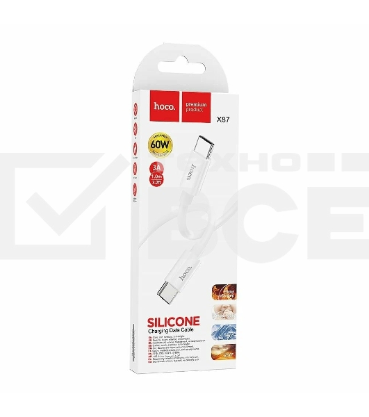 Кабель USB2.0 Hoco Type-C/Type-C, 3А, 60Вт, силиконовая оплетка, X87, 1м, белый, коробка