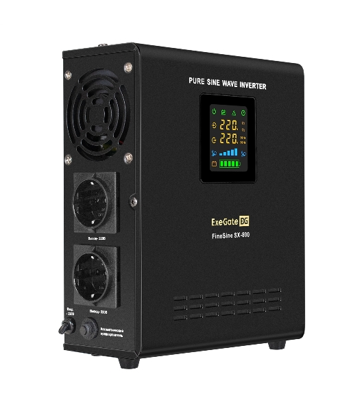 Источник бесперебойного питания (инвертор, синус, для котла, настенный) ExeGate FineSine SX-800.LCD.AVR.2SH 800VA/500W, чистая синусоида, цветной LCD-дисплей, AVR, 2*Schuko, линейно-интерактивный, внешняя батарея 12В до 200Ач (поставляется отдельно), крепление настенное/универсальное, черный