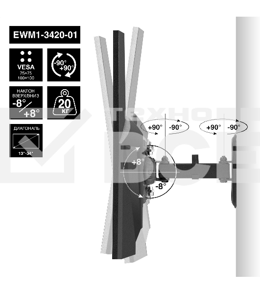 Крепление настенное ExeGate EWM1-3420-01 (кронштейн для одного монитора 13'-34', VESA 75x75, 100x100, макс. нагрузка 20 кг, наклон -8°/+8°, поворот -90°/+90°, расстояние до стены 65-190мм, черный)