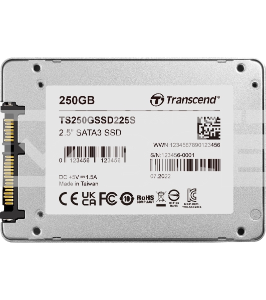 Накопитель SSD 2.5' Transcend 250Gb SSD225S (SATA3, up to 500/330Mbs, 3D NAND, 90TbW, 7мм)