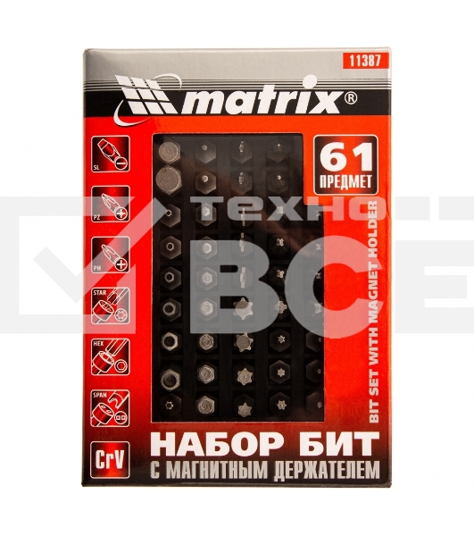 Набор бит с магнитным держателем MATRIX 11387, CrV, 61шт