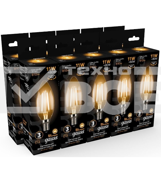 Лампа светодиодная филаментная Gauss 11Вт цок.: E14 свеча 220B 2700K св. свеч. бел.теп. C37 (упак.: 10 шт) (103801111)