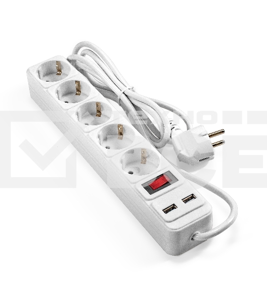 Сетевой фильтр-удлинитель с USB зарядкой ExeGate SP-5-USB-1.8W (5 евророзеток с заземлением, 2 USB-A 2A, 1.8м, защита от перегрузки, выключатель с подсветкой, белый)