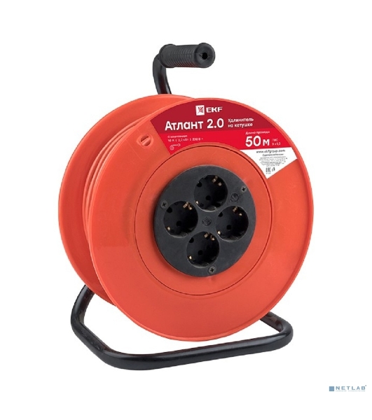 Удлинитель на катушке EKF UKA02-10-310-4-50 'Атлант 2.0' 4 гнезда 50м с заземлением  ПВС 3*1,0  10А/2,2кВт PROxima