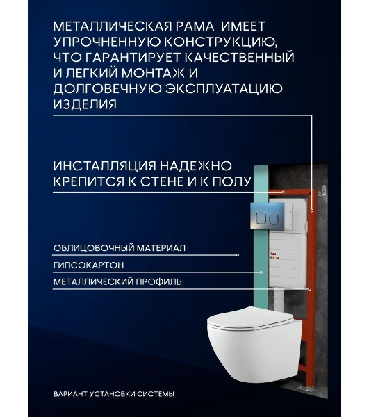Комплект BAU 6 в 1: усиленная инсталляция BAU IDEAL, унитаз подвесной Rio Luxe 52*35, сиденье микролифт, кнопка смыва BAU Strike Gun Grey для инсталляции IDEAL, темно-серый металлик/хром