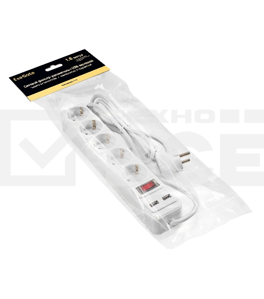 Сетевой фильтр-удлинитель с USB зарядкой ExeGate SP-5-USB-1.8W (5 евророзеток с заземлением, 2 USB-A 2A, 1.8м, защита от перегрузки, выключатель с подсветкой, белый)