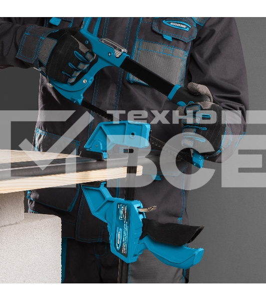 Струбцина реечная Gross быстрозажимная, пистолетного типа, пошаг. механизм, пластиковый корпус,150 мм