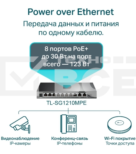 Коммутатор TP-Link TL-SG1210MPE Easy Smart 10-портовый гигабитный с 8 портами PoE+