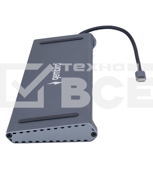 Док-станция Type-C Gembird UHB-D6, 12в1: 2xUSB3.1, USB2.0, RJ45, Type-C PD87W, Jack 3.5, SD/TF, 2xHDMI, VGA, Type-C, кабель 23см, алюминий