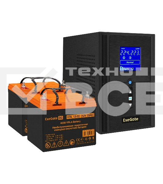 Комплект источника бесперебойного питания Exegate EX295987RUS + батарея 33Aч EX285664RUS 2шт (инвертор, синус, для котла) ExeGate SineTower SZ-1000.LCD.AVR.2SH.1C13.USB <1000VA/800W, чистый синусоида, LCD дисплей, AVR, 2*Schuko+1*C13, USB, линейно-интерактивный, Black> + батарея ExeGate HRL 12-33 (12В, 33Ач) 2шт