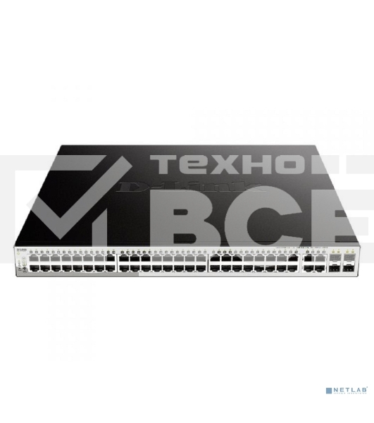 Коммутатор D-Link DGS-1210-52MP/FL1A, L2 Managed Switch with 48 10/100/1000Base-T ports and 4 100/1000Base-T/SFP combo-ports (48 PoE ports 802.3af/802.3at (30 W), PoE Budget 370 W).16K Mac address, 802.3x Flow