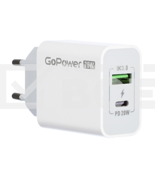 Сетевое зарядное устройство GOPOWER 1USB+1TYPE-C 20W QC3.0 00-00028401 WHITE