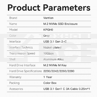 Корпус для SSD Vention USB 3.1 Gen 2-C M.2 NVMe Серый