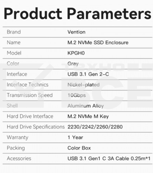 Корпус для SSD Vention USB 3.1 Gen 2-C M.2 NVMe Серый