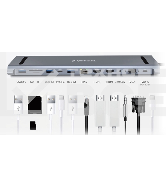 Док-станция Type-C Gembird UHB-D6, 12в1: 2xUSB3.1, USB2.0, RJ45, Type-C PD87W, Jack 3.5, SD/TF, 2xHDMI, VGA, Type-C, кабель 23см, алюминий