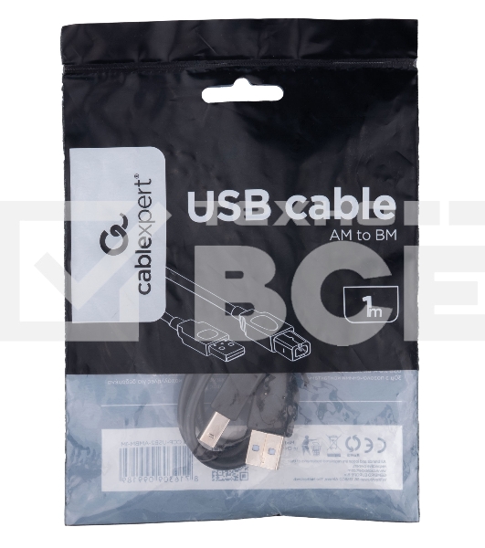Кабель USB2.0 Cablexpert CCP-USB2-AMBM-1M, AM/BM, медь, двойной экран, Pro, 1м, черный, пакет