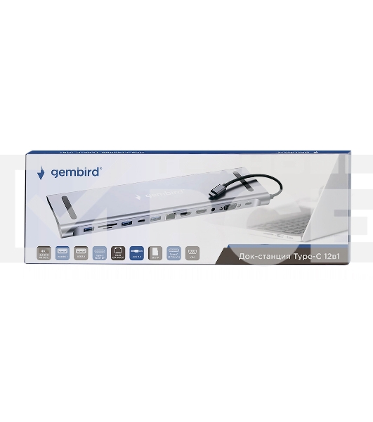 Док-станция Type-C Gembird UHB-D6, 12в1: 2xUSB3.1, USB2.0, RJ45, Type-C PD87W, Jack 3.5, SD/TF, 2xHDMI, VGA, Type-C, кабель 23см, алюминий
