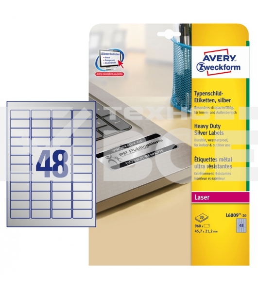 Этикетки Avery Zweckform L6009-20 A4 45.7x21.2мм 48шт на листе/198г/м2/20л./серебристый самоклей. для лазерной печати