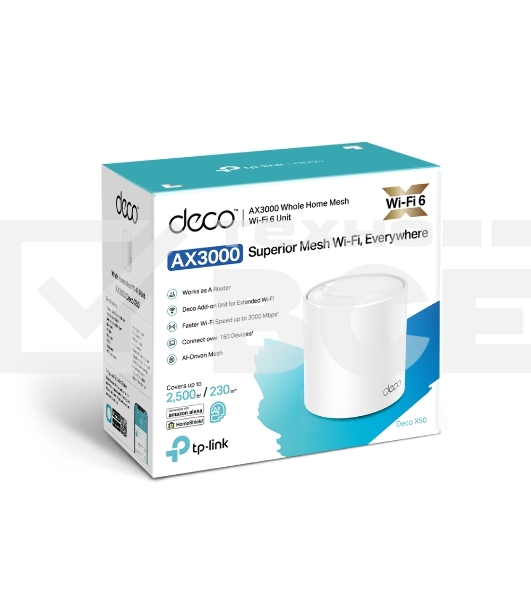 Бесшовный Mesh роутер AX3000 Whole Home Mesh Wi-Fi 6 UnitSPEED: 574 Mbps at 2.4 GHz + 2402 Mbps at 5 GHzSPEC: 2× Internal Antennas, 3× Gigabit Ports (WAN/LAN auto-sensing), 2 Streams and HE160 for 5GHzFEATURE: Deco App, Router/AP Mode, IPv6, IPTV, HomeShi