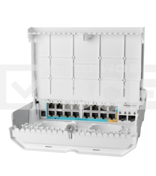 Коммутатор MikroTik netPower 15FR with 800MHz CPU, 256MB RAM, 16 x 10/100Mbps Ethernet ports (15 with Reverse POE-in, 1 with PoE-OUT), 2 x SFP, RouterOS L5 or SwitchOS (dual boot), outdoor enclosure, mounting ki