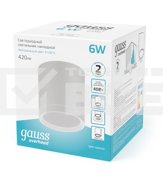 Светильник Gauss Overhead накл цил 6W 420lm 4100K 170-240V IP20 68x75мм белый с расс LED