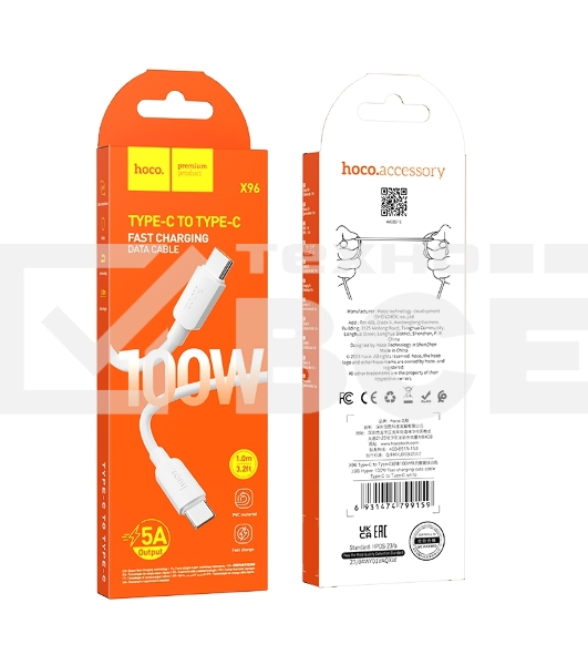 Кабель USB2.0 Hoco Type-C/Type-C, 5А, 100Вт, X96, 1м, белый, коробка