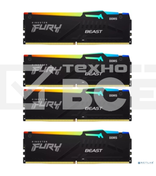 Оперативная память Kingston Fury Beast, DDR5, 64Gb (4x16GB), 5200MHz, CL40, DIMM, с радиаторами, RGB, черный