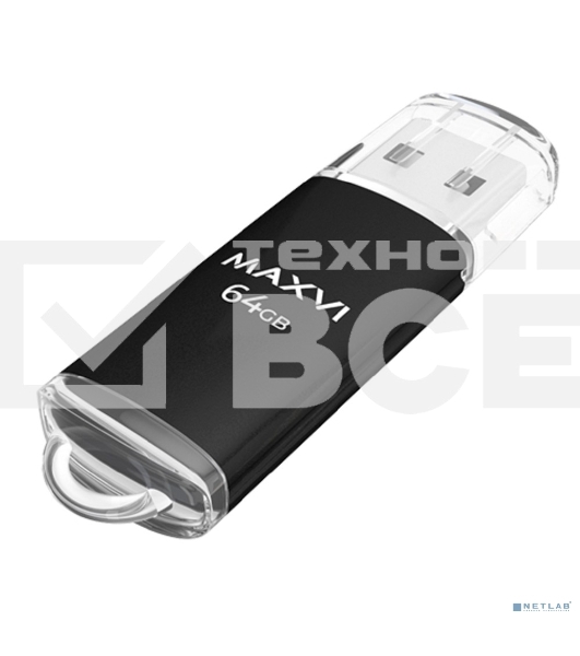 Флешка USB R/W Maxvi MP 64Gb USB 2.0 black, монолит с колпачком, металл + ABS пластик