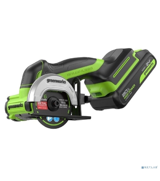 Угловая шлифовальная машина аккумуляторная GreenWorks GD24UCS, 24V, б/щет, 20000 об/мин,76 мм, рез 18 мм,1х2Ач,ЗУ,кор 3402007CUA