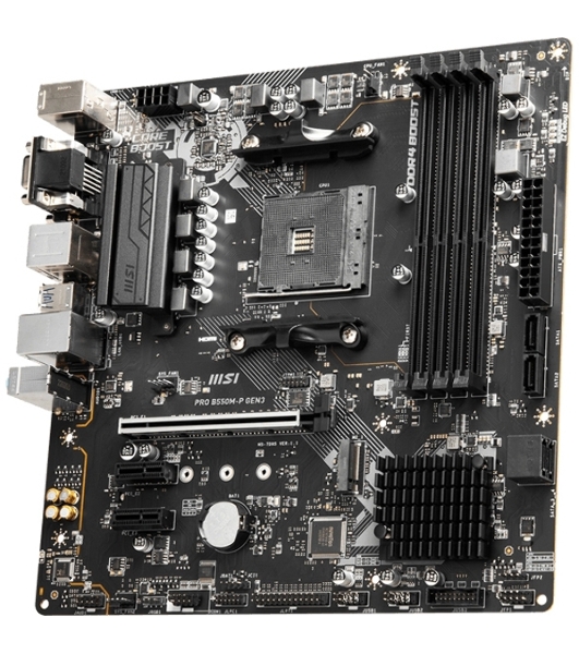 Материнская плата MSI PRO B550M-P GEN3, AM4, AMD B550, 4xDDR4, 4xSATA, 1xM.2, 1xPCI-E 3.0 x16, 2xPCI-E 3.0 x1, 1xDVI-D, 1xHDMI, 1xVGA, 1x1Gb LAN, 4xUSB 2.0, 4xUSB 3.2 Gen 1, 3x3.5 мм, 7.1, Micro-ATX